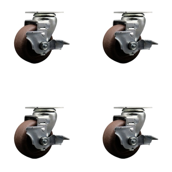 4'' High Temp Glass Filled Nylon Swivel Caster Set w/Roller Bearing and Brake, 4PK